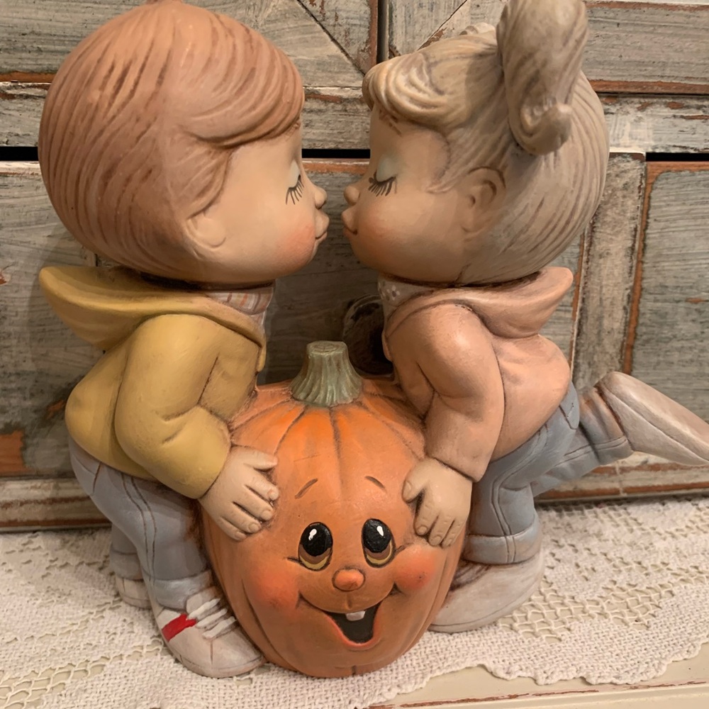 Charming Kissing Couple Figurine with Pumpkin